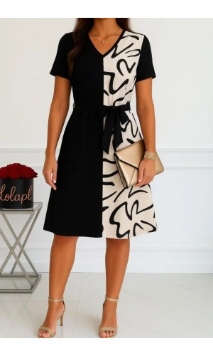 Kadın Kısa Kollu V Yakalı çift Renkli Desenli Beli Kuşaklı Atlas Elbise