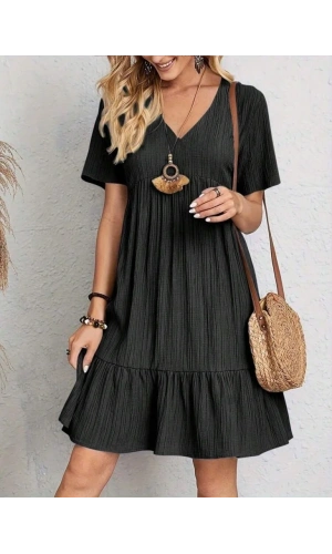 Kadın Kısa Kollu V Yakalı Fırfırlı Bürümcük Elbise