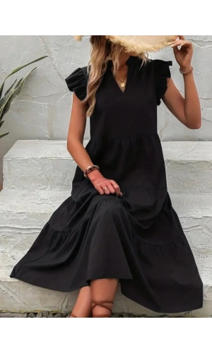 Kadın Kısa Kollu V Yakalı Geniş Kesim Uzun Trikoton Elbise