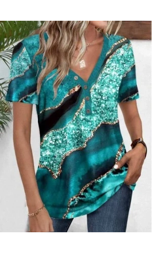 Kadın Kısa Kollu V Yakalı önden Düğmeli Baskılı Süprem Bluz