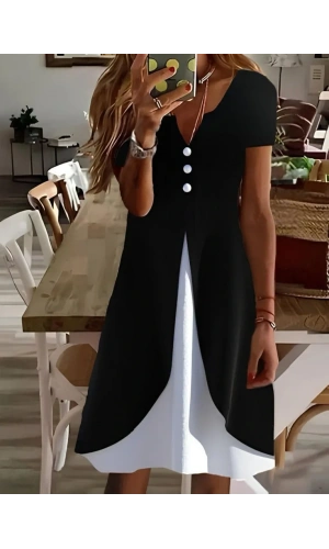 Kadın Kısa Kollu V Yakalı önden Düğmeli çift Renkli Viskon Elbise