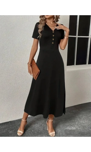 Kadın Kısa Kollu V Yakalı önden Düğmeli Yırtmaçlı Midi Viskon Elbise