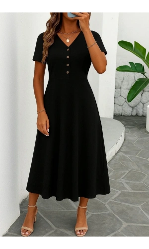 Kadın Kısa Kollu V Yakalı önden Düğmeli Yırtmaçlı Midi Viskon Elbise