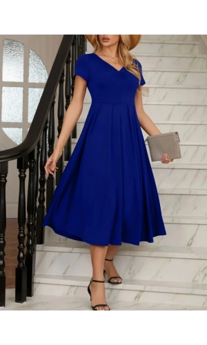 Kadın Kısa Kollu V Yakalı önden Pileli Midi Janjan Krep Elbise