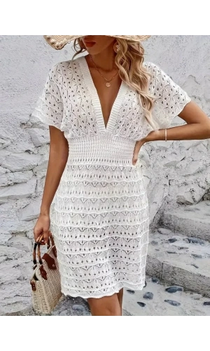 Kadın Kısa Kollu V Yakalı örme Triko Elbise