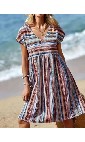 Kadın Kısa Kollu V Yakalı Pile Detay Keten Elbise