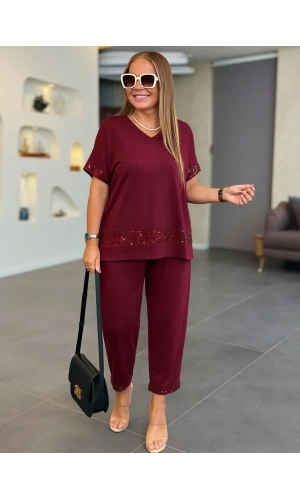 Kadın Kısa Kollu V Yakalı Pul Payetli Viskon Iki Iplik Bluz Ve Pantolon Ikili Takım