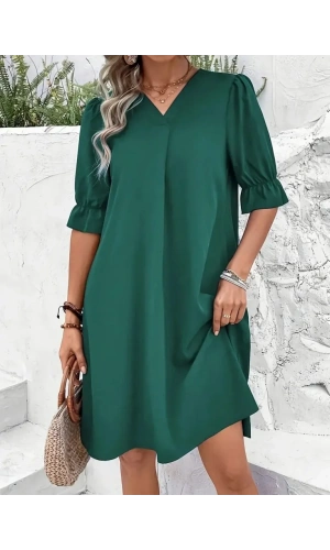 Kadın Kısa Kollu V Yakalı Salaş Janjan Krep Elbise