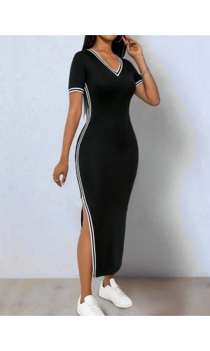 Kadın Kısa Kollu V Yakalı Yandan Yırtmaçlı Viskon Iki Iplik Elbise