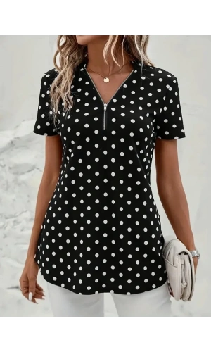 Kadın Kısa Kollu Yakadan Fermuarlı Puantiyeli Uzun Dokuma Viskon Bluz