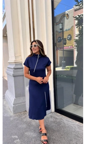 Kadın Kısa Kollu Yakadan Ve Etekten Fermuarlı Midi Viskon Iki Iplik Elbise