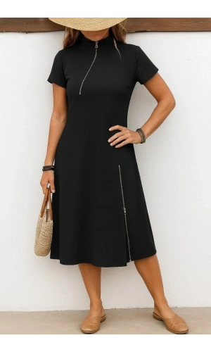 Kadın Kısa Kollu Yakadan Ve Etekten Fermuarlı Midi Viskon Iki Iplik Elbise