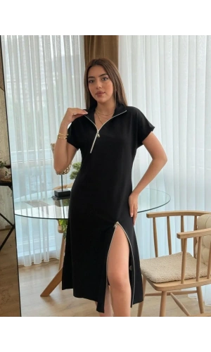Kadın Kısa Kollu Yakadan Ve Etekten Fermuarlı Midi Viskon Iki Iplik Elbise