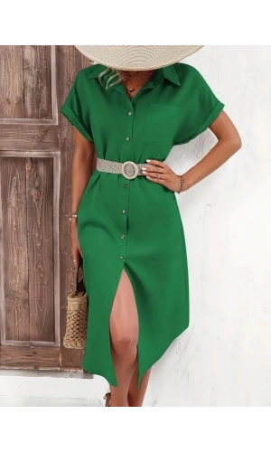 Kadın Kısa Kollu Yakalı Düğme Detay Midi Dokuma Elbise