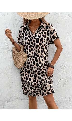 Kadın Kısa Kollu Yakalı Leopar Desenli Süprem Elbise