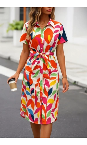 Kadın Kısa Kollu Yakalı önü Düğmeli önden Drapeli Desenli Süprem Elbise