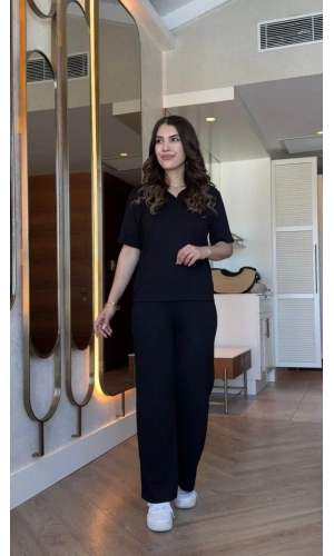 Kadın Kısa Kollu Yakalı Viskon Iki Iplik Bluz Ve Pantolon Ikili Takım