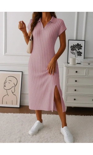 Kadın Kısa Kollu Yakalı Yandan Yırtmaçlı Kalın Fitilli Kaşkorse Elbise