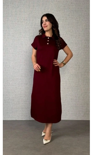 Kadın Kısa Kollu Yakalı Yandan Yırtmaçlı Viskon Iki Iplik Elbise