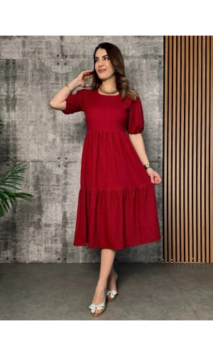 Kadın Kısa Kollu Yakası Açık Katlı Bürümcük Balon Elbise