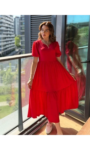 Kadın Kısa Kollu Yakası Açık Katlı Bürümcük Balon Elbise