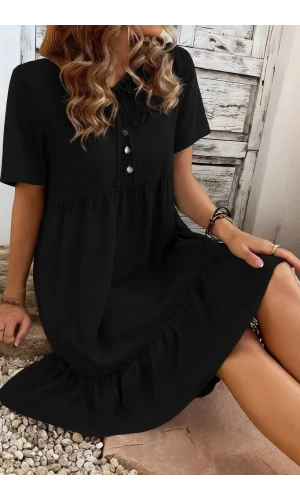 Kadın Kısa Kollu Yakası Bağcıklı önden Düğmeli Fırfır Desenli Süprem Elbise