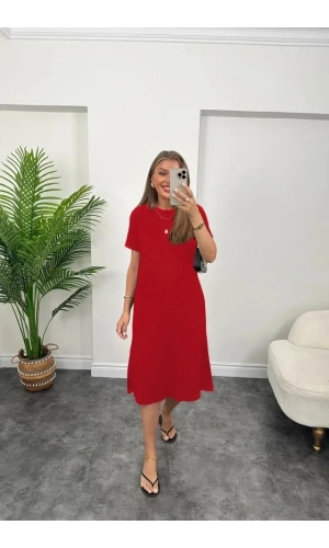 Kadın Kısa Kollu Yırtmaç Detaylı Salaş Viskon Elbise
