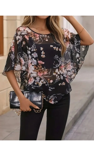 Kadın Kısa Kollu Yuvarlak Yaka çiçek Baskılı Asimetrik Kesim şifon Bluz