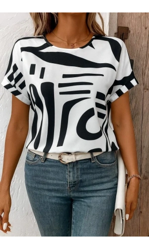 Kadın Kısa Kollu Yuvarlak Yaka Desenli Süprem Bluz