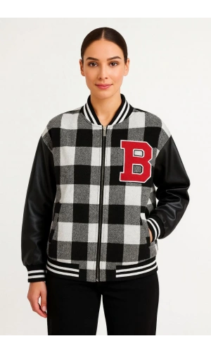 Kadın Kolej Ceket – Kareli Oduncu Kumaş, Kolları Suni Deri, Fermuarlı, İçi Kapitone Astarlı, Nakışlı Oversize Bahar & Kış Stil - Gri