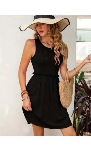 Kadın Kolsuz Bel Lastik Ve Büzgü Detay Viskon Mini Elbise