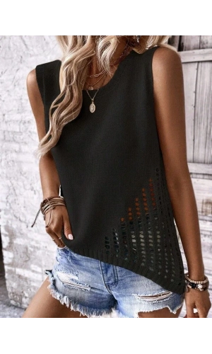 Kadın Kolsuz Bisiklet Yakayanları Ajur Detay Triko Bluz