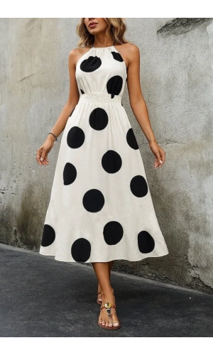 Kadın Kolsuz Boyundan Bağlamalı Beli Lastikli Dijital Baskı Süprem Uzun Elbise