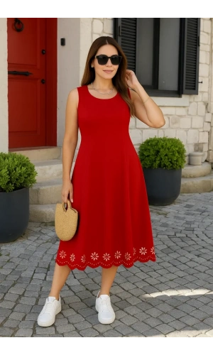 Kadın Kolsuz Etek Ucu Lazer Kesim çiçek Desenli Midi Boy Ithal Krep Elbise