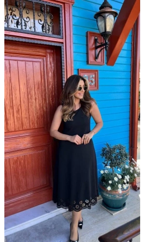 Kadın Kolsuz Etek Ucu Lazer Kesim çiçek Desenli Midi Boy Janjan Krep Elbise