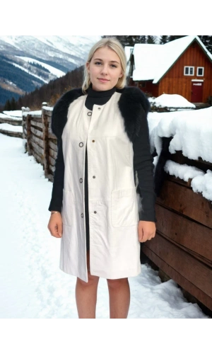 Kadın Kolsuz Hakiki Deri Kürk - Beyaz