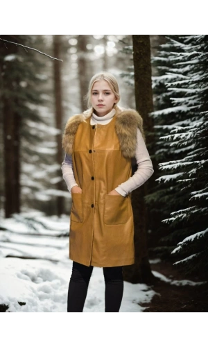 Kadın Kolsuz Hakiki Deri Kürk - Hardal