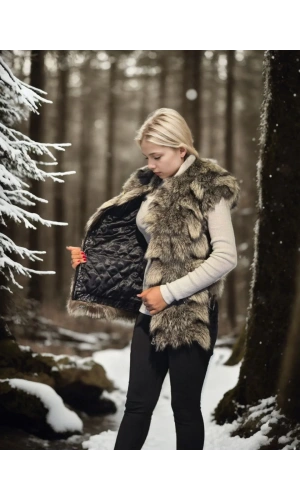 Kadın Kolsuz Hakiki Deri Kürk - Siyah