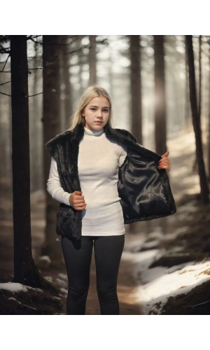 Kadın Kolsuz Hakiki Kürk - Siyah