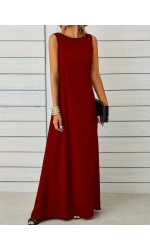 Kadın Kolsuz Kayık Yaka Maksi Janjan Krep Elbise