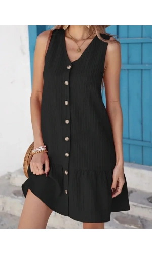 Kadın Kolsuz V Yakalı önden Düğmeli Fırfırlı Narin Elbise