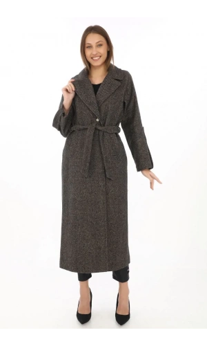 Kadın Kolu Apoletli Astarlı Kaşmir Kaşe Kaban - Füme