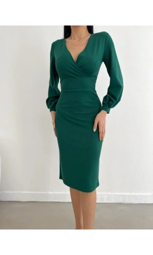 Kadın Kruvaze Yaka Balon Kol Midi Boy Elbise