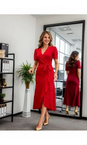 Kadın Kruvaze Yaka Midi Boy Kuşaklı Krep Elbise 120 Cm