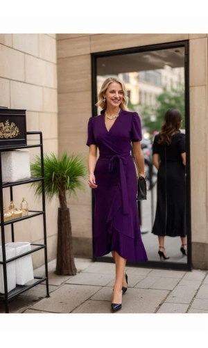 Kadın Kruvaze Yaka Midi Boy Kuşaklı Krep Elbise 120 Cm