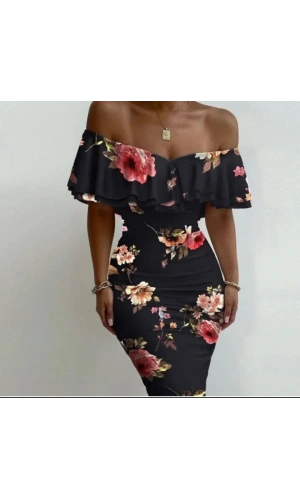 Kadın Madonna Yaka çiçek Baskılı Volan Detay Kalem Elbise