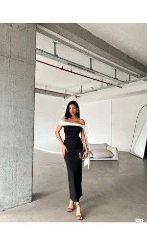 Kadın Madonna Yaka Skuba Krep Kumaş Kurdale Detay Elbise