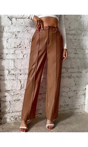 Kadın önden Fermuarlı Cepli Geniş Kesim Lame Deri Pantolon