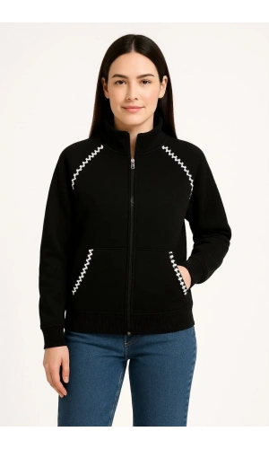 Kadın Oversize Dik Yaka Fermuarlı Sweatshirt - Zincir Nakışli Kanguru Cepli, - Siyah