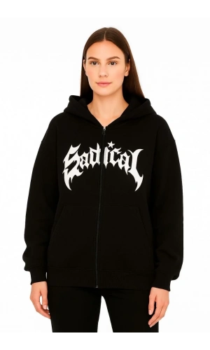 Kadın Kapüşonlu 3 İplik Şardonlu Önü Baskılı Fermuarlı Oversize Sweatshirt - Siyah